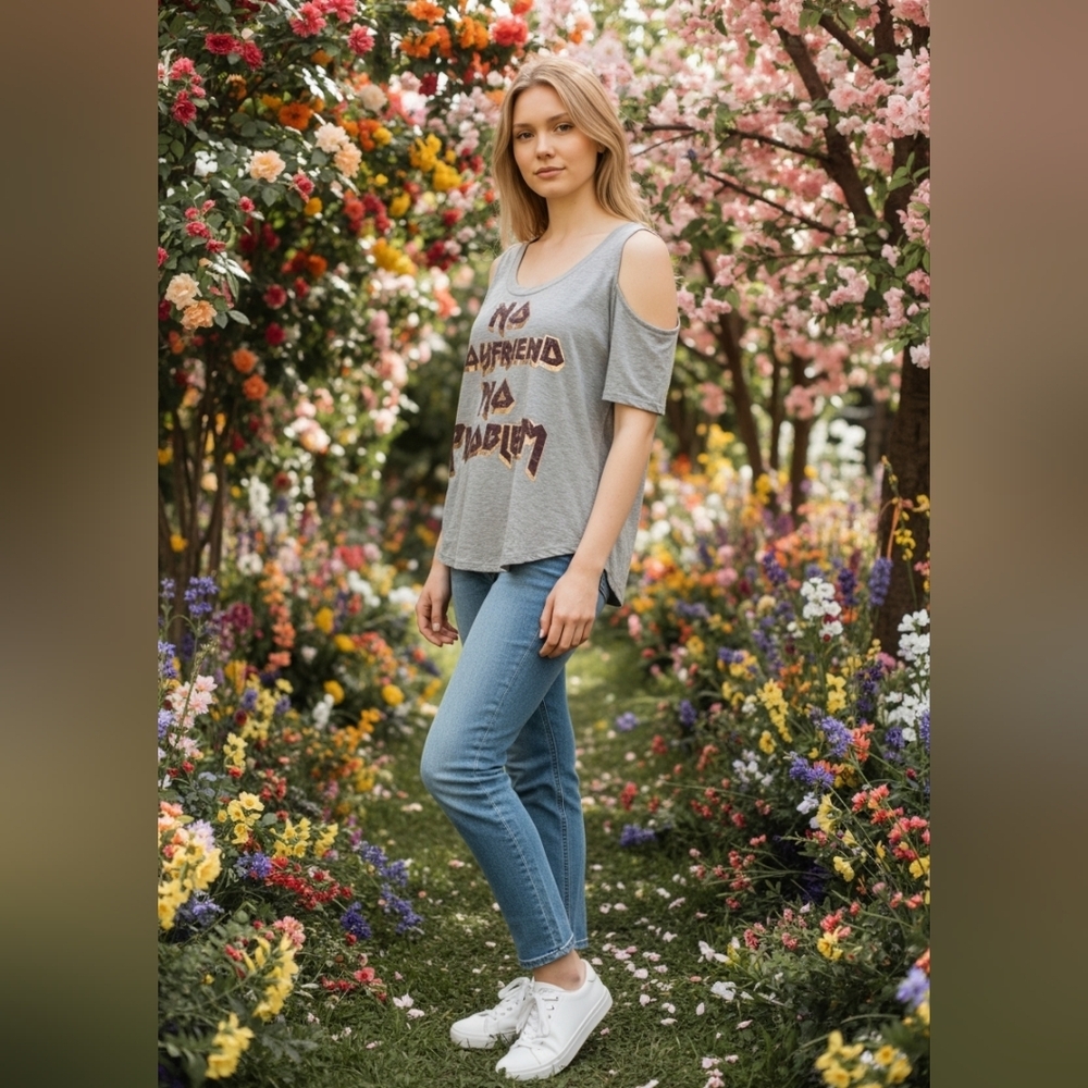 Self-Esteem Juniors Gray Cold Shoulder Womens Top NWT XL No Boyfriend No Problem